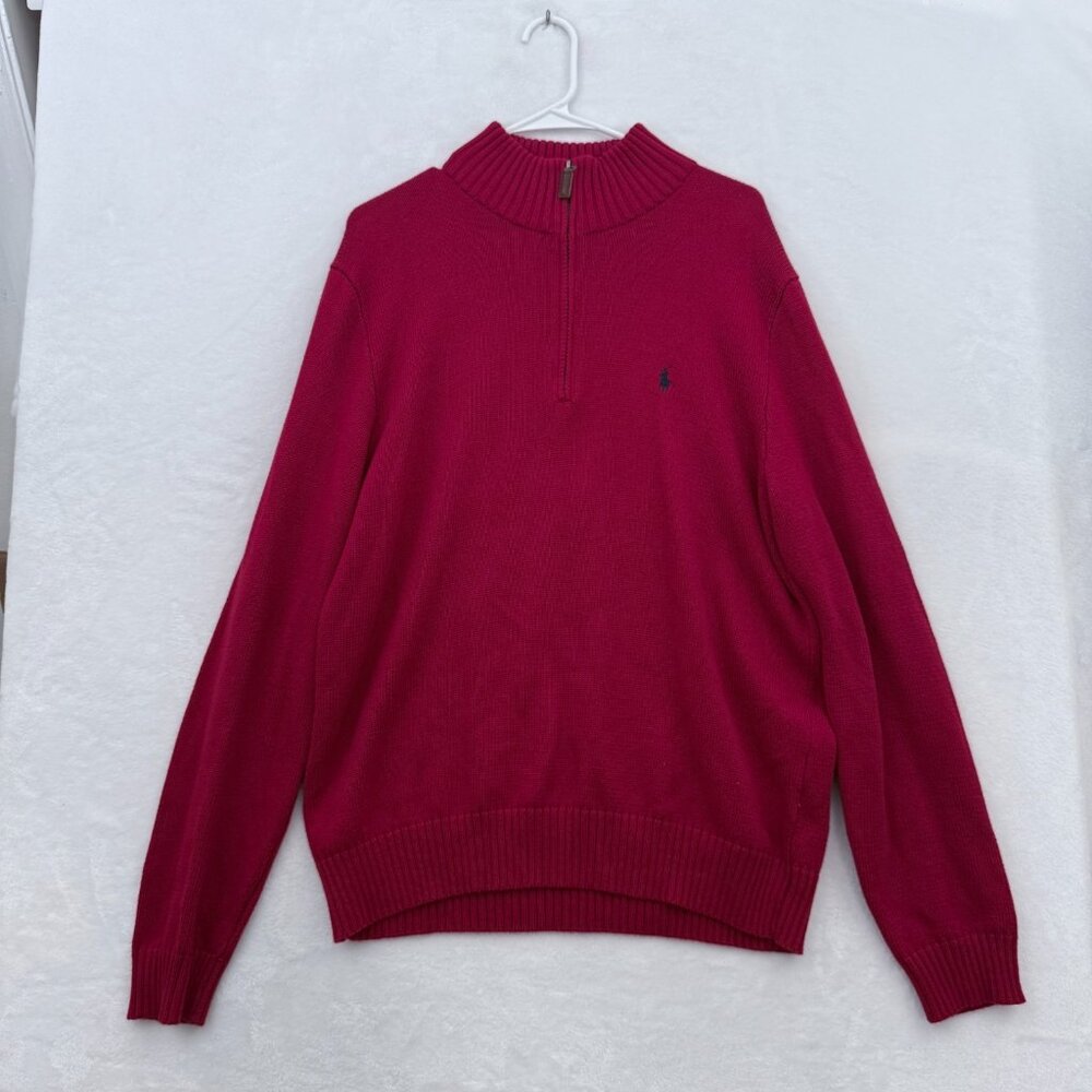 Polo Ralph Luaren 1/4 Zip Sweater Mens L Red Pullover Knit Pony Stetch